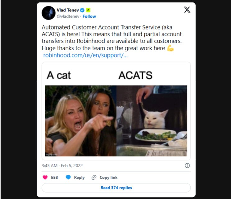 Vlad Tenev, Feb 2022: A cat / ACATS